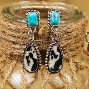 Western Turquoise cow Inlaid Dangle Earrings droplet